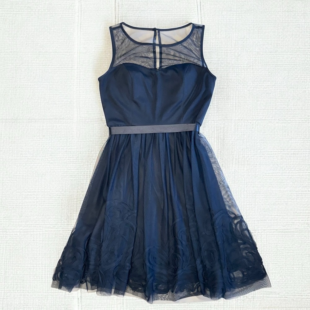 DB STUDIO Cocktail Dress Women’s Small 4/6 Navy Blue Sweetheart Sheer Illusion